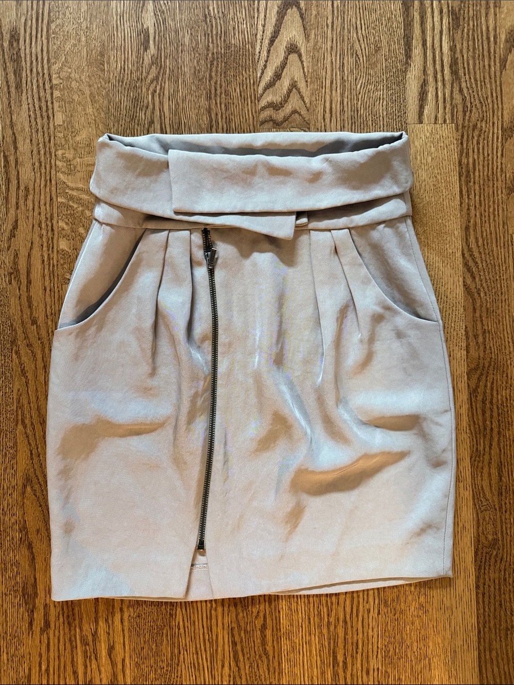 Teenflo Light Taupe Fold-Over Waist Mini Skirt with Front Zip